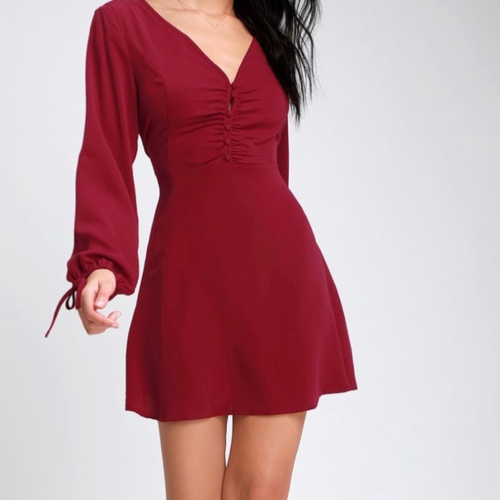 WINE RED LONG SLEEVE SKATER DRESS - Picture 3 of 5